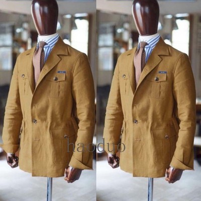 Vintage Leinen Herren Safari Jacken Freizeit Jagd Mäntel Bräutigam Sport Passform Blazer