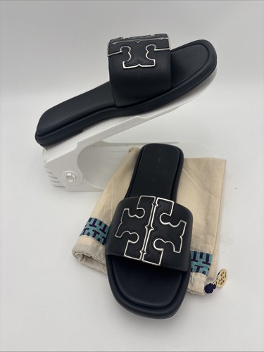 NIB $198 TORY BURCH DOUBLE T SPORT SLIDE SANDALS PERFECT NAVY/ SILVER  6 - Picture 2 of 12