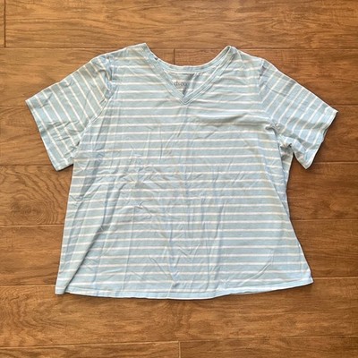 D & Co Denim & Company Essentials T-Shirt Size 3X Blue/White Striped V-Neck