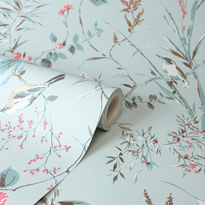 Crown Mariko Tapete M1856 Fine Decor Blau Metallisch Floral Vogelbaum Motiv