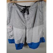 O'Neill Mens Hyperfreak Board Shorts Gray Blue Striped Swim Trunks Size 34