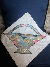 Vintage Quilt Square Hand Done Applique Basket Feedsack Material 1930s 15" Sq