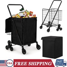 Folding Utility Shopping Cart with Double Basket  Swivel Wheels Easy Transport