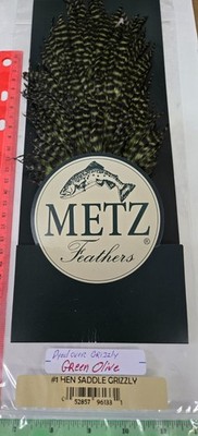 Metz#1  Hen Saddle   ''  Grizzly dyed Green Olive ''  Wet, Soft Webby Hackle