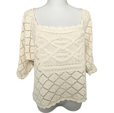 Cream Cotton Square Neck Cable & Diamond Knit...