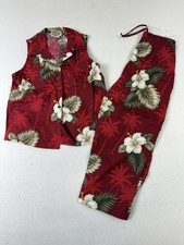 Vtg 90s Pacific Legends Hawaii Womens Red Hibiscus Floral Top Pants Set Small