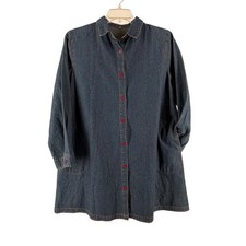 Vintage Mordenmiss Womens Lg Dk Wash Denim Shirt Dress Red Button Tunic Cotton