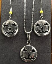 Necklace/Earrings Silver Tone 18" Halloween Pumpkins w/Cut-Out Features Ear 1.5"