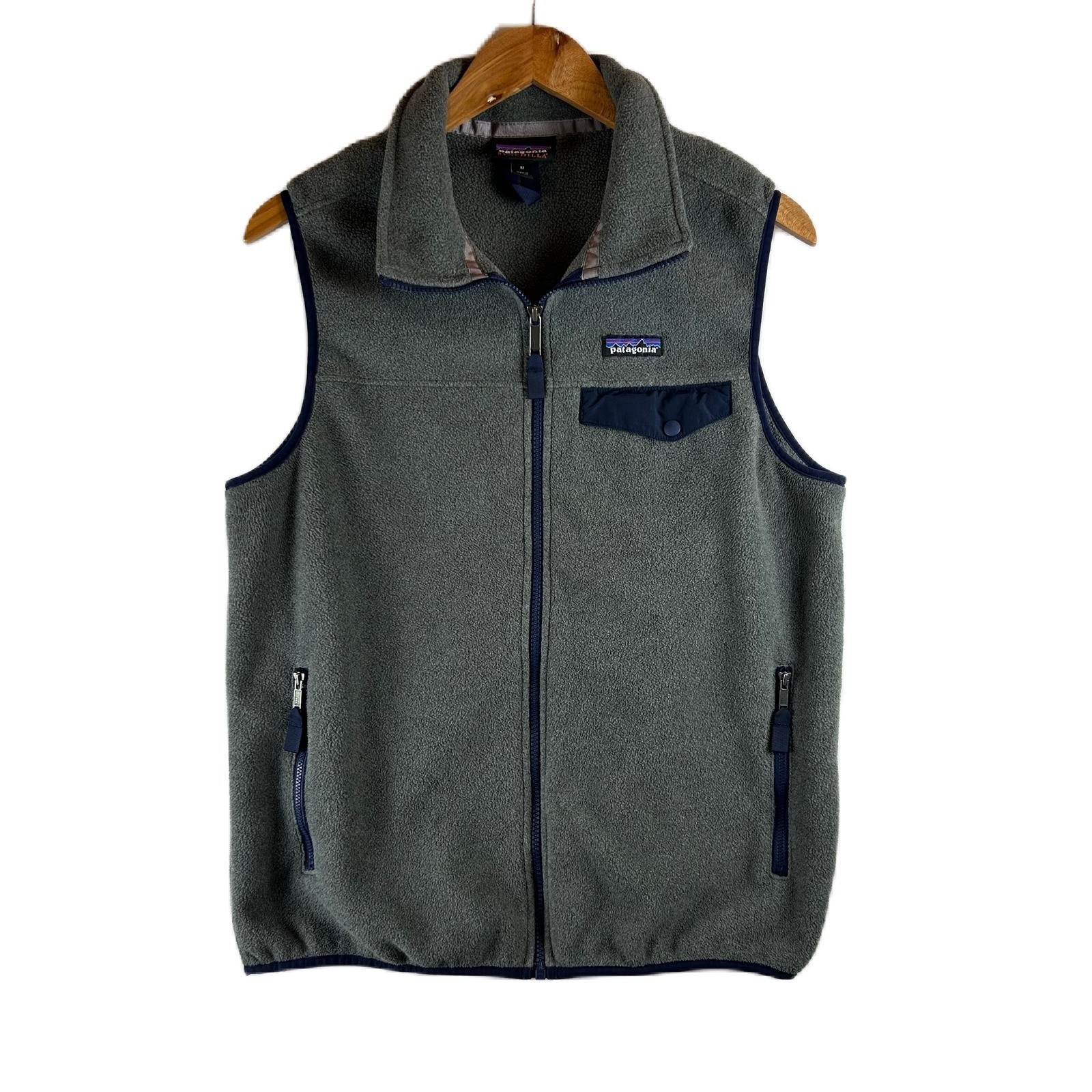 Patagonia Synchilla Fleece Vest Mens Medium Gray Navy Blue Full Zip Snap Pocket