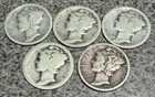 LOT OF 5 - 1920 1923x3 & 1928 MERCURY DIMES 90% SILVER
