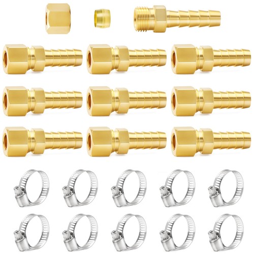 10 PCS Brass Compression Tube Fitting 3/8 Inch OD x Barb Union Connector