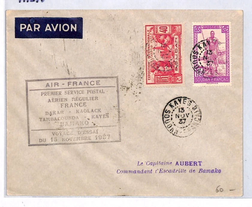 Cubierta de correo aéreo SUDÁN FRANCÉS AOF Air France primer vuelo Kayes Bamako 1937 YH245 Foto 2 de 4