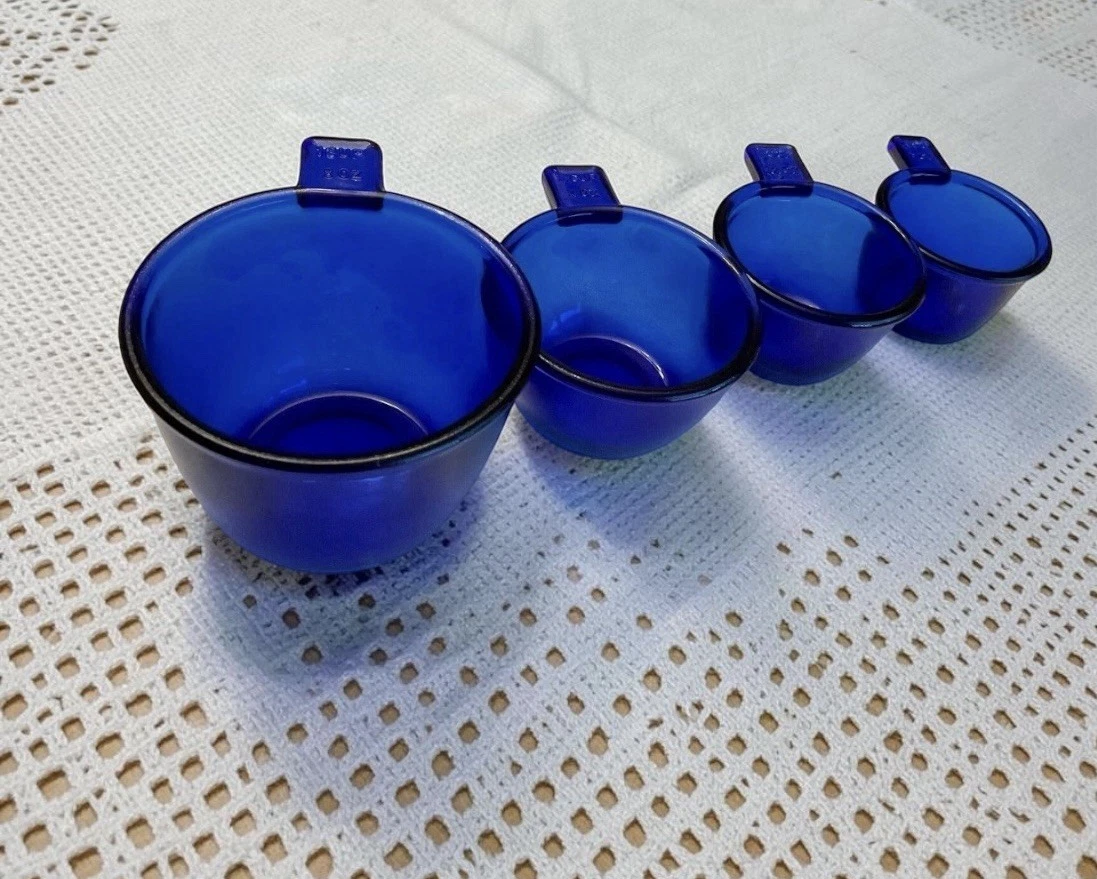 Cobalt Blue Depression Style Glass Measuring Cup Set, 4PC, Kitchen, VTG Style