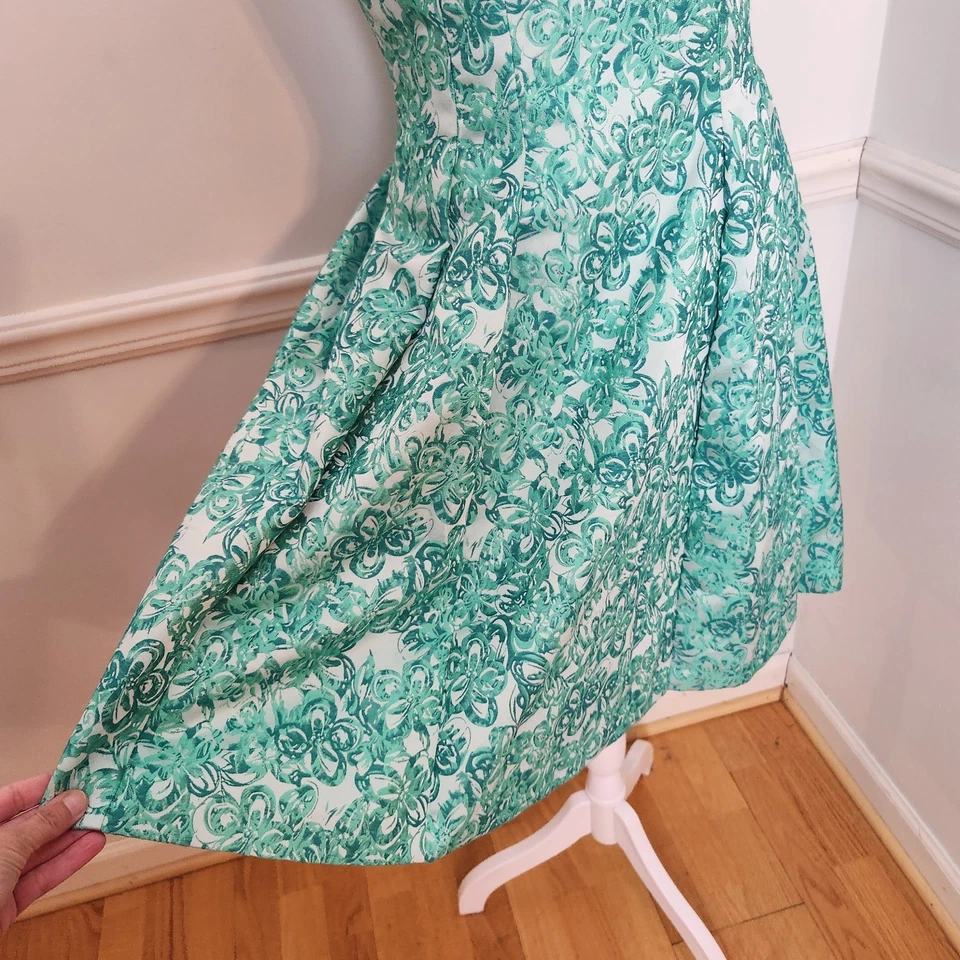 Vestido Yoana Baraschi Talla 4 Mujer Verde Jaquard Floral Ajuste Acampanado Bolsillos Fiesta Foto 3 de 4