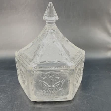 Vtg Tiara Indiana Glass Candy Dish Lid Patriotic Clear Hexagonal Colonial 6"