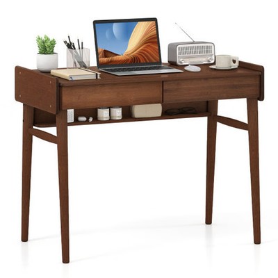 Bamboo Writing Desk with 2 Storage Drawers and Open Shelf-Walnut - Color: Walnut