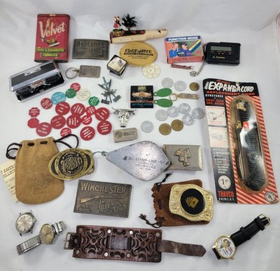 Men's Estate Junk Drawer Lot Vintage Casino Coin Collectibles Watch Buckles Pins