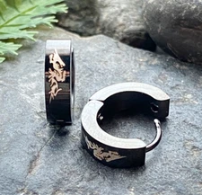 PAIR of Black Steel Hinged Hoop Huggies Earrings w/ Dragon Print Jewelry