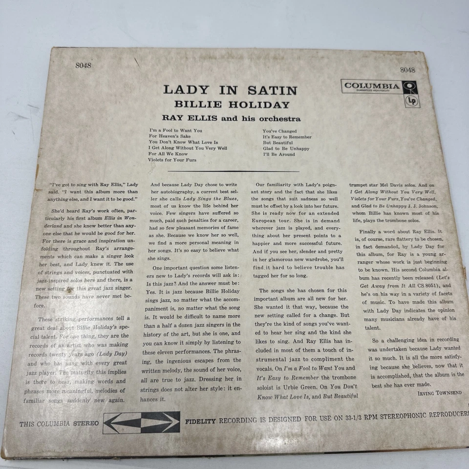 Vintage BILLIE HOLIDAY Lady In Satin LP VG+ 12”Columbia Stereo Vinyl 8048 - Image 2 of 4