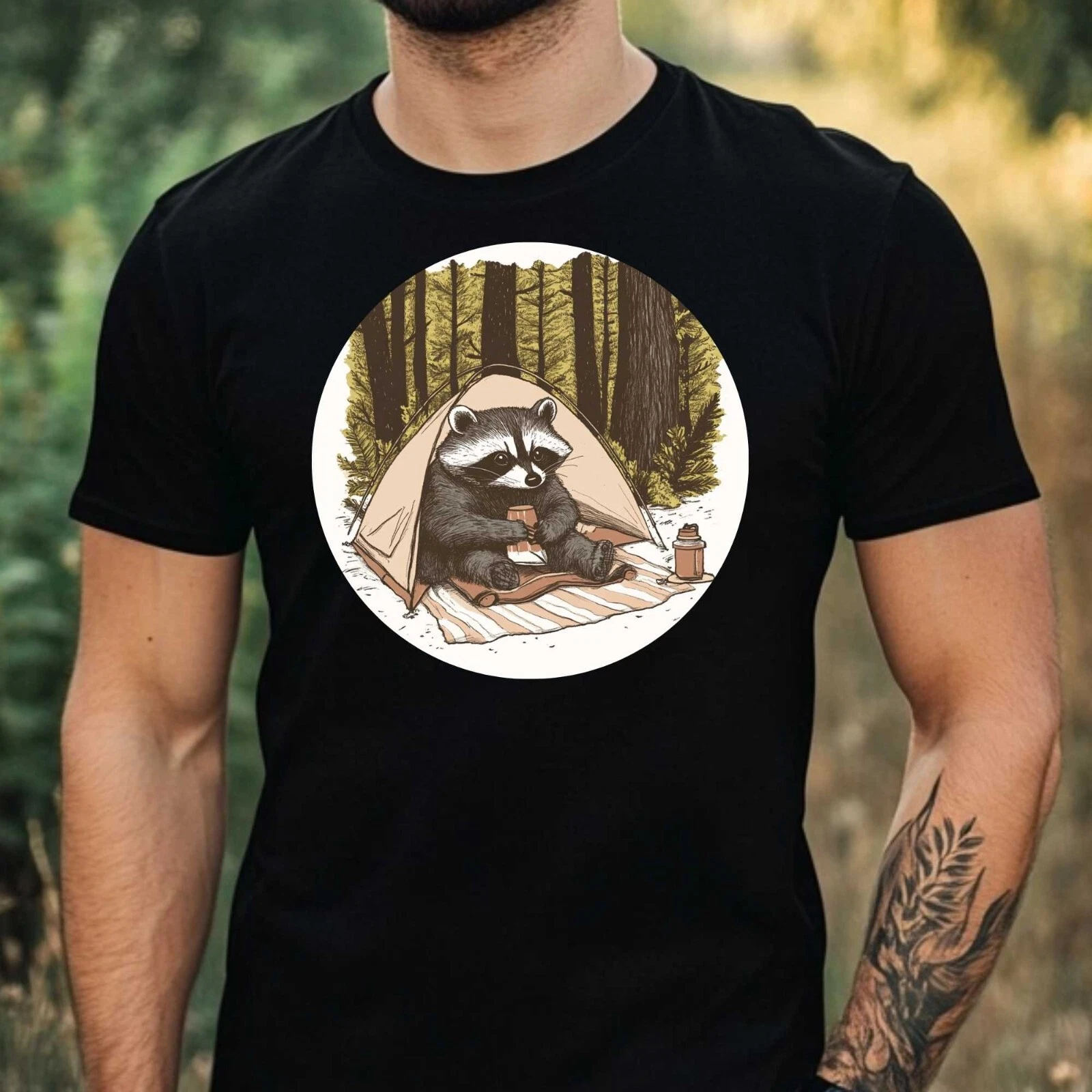 Mens Camping Raccoon Print Cotton T-Shirt Size XS to 5XL