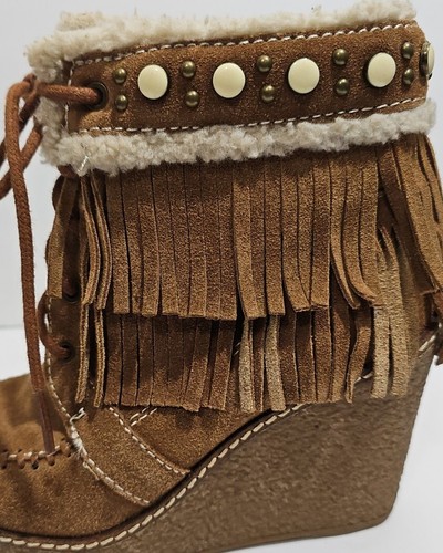 Sam Edelman Kemper Ankle Booties Size 6 Shearling Fringe Wedge Brown Suede EUC - Picture 4 of 10