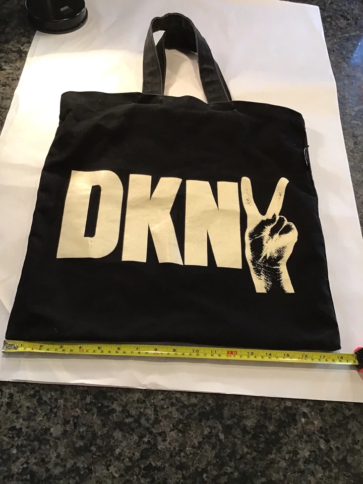 VINTAGE DKNY Black Hand Peace Sign Canvas Tote Bag Donna Karan NEW YORK 18” MINT - Image 4 of 4