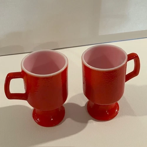 Pair of Red Milk Glass Anchor Hocking Fire King Mugs Coffee Pedestal Footed 5.5”
