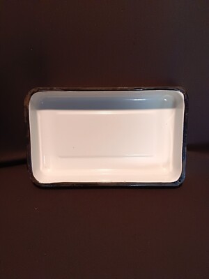 Vintage White Porcelain Enamelware Pan Blacl Trim  13  L X 8  W