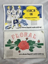 2 Lot Tri-Chem Hot Iron Transfers Books Liquid Embroidery Fashion Fun Florals
