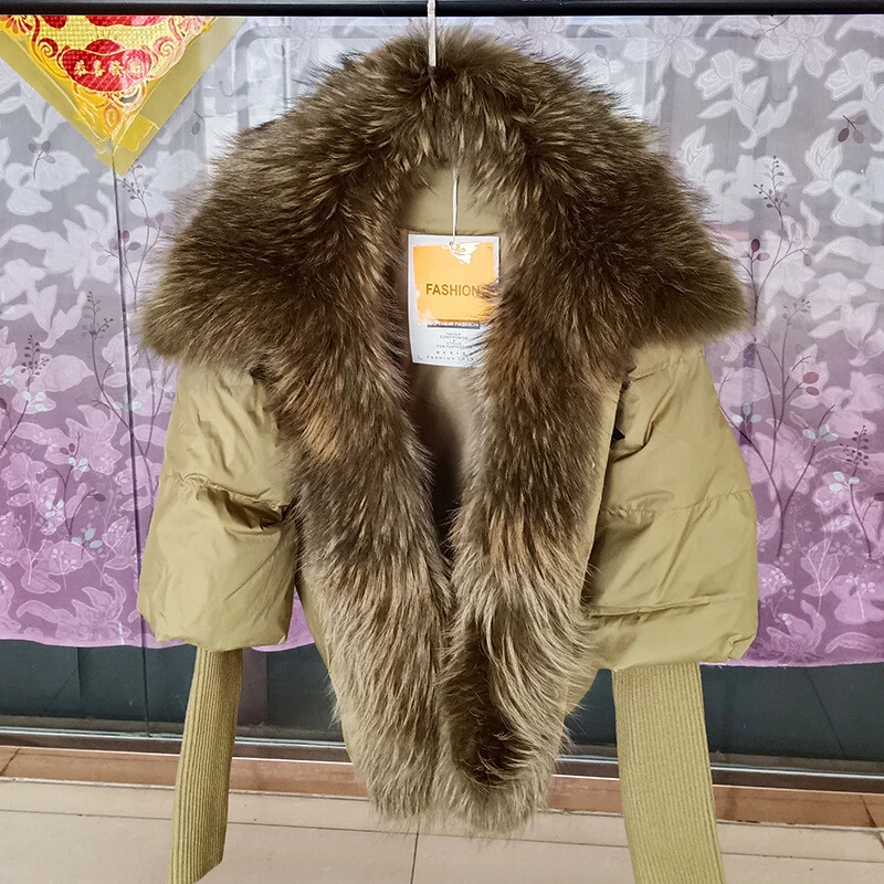 Womens Winter Real Raccoon Fox Fur Collar Down Puffer Jacket Short Coat New S-XL - Image 3 of 4