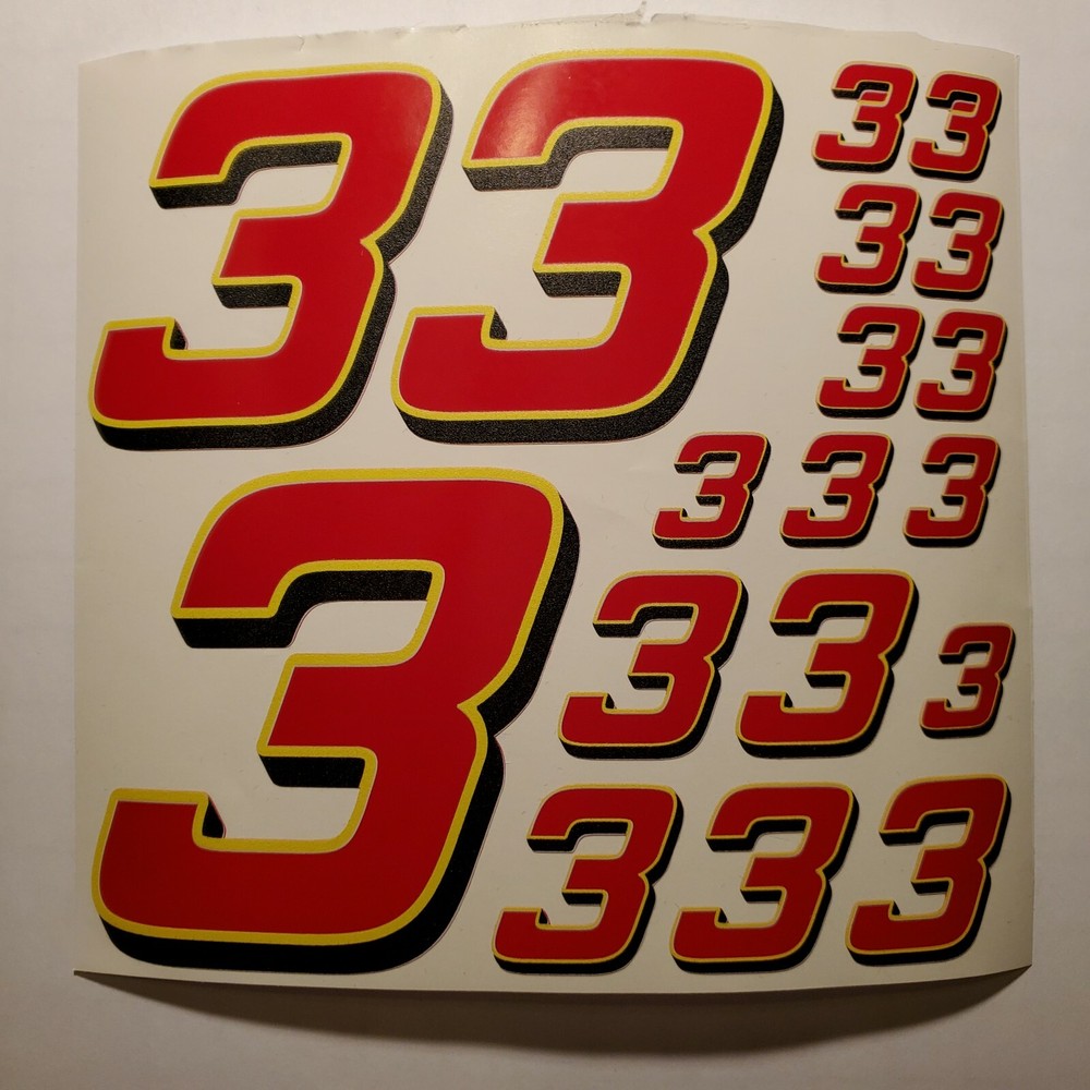 Red w/ yellow & black 3's  Racing Numbers Vinyl Decal Sheet 1/10-1/12 slash