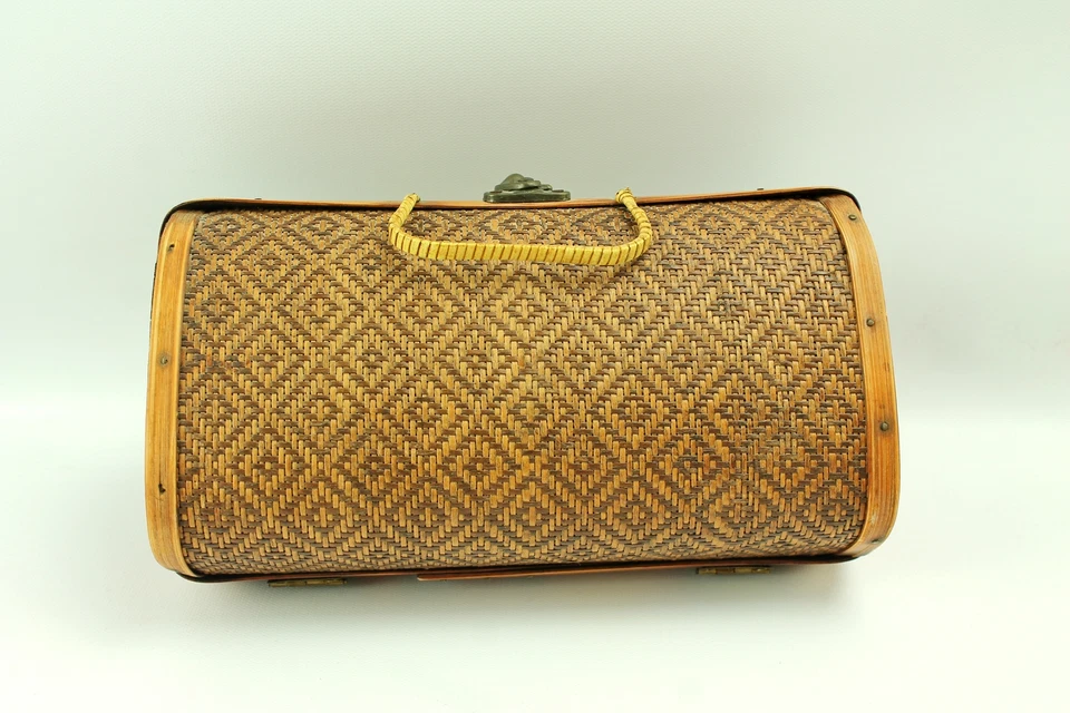 Bolso de mano vintage de madera dura tejido marrón étnico hecho a mano Foto 4 de 4