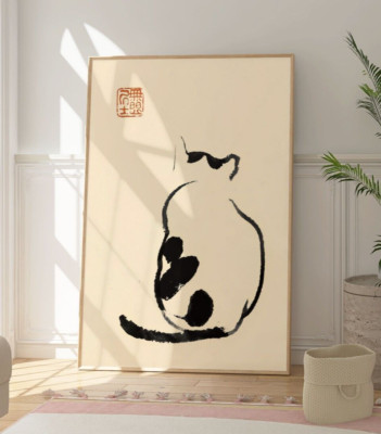 Matsumoto Hoji Minimalist Cat Poster, Vintage Ink Japanese Art Print, Gift Idea