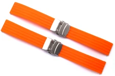 2Pcs 22mm Orange Rubber Men Watch Strap Band Silver Tone Deployment Clasp