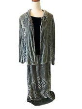 Citron Santa Monica Green Burnout Velvet Dress Topper Jacket Set Geometric Silk
