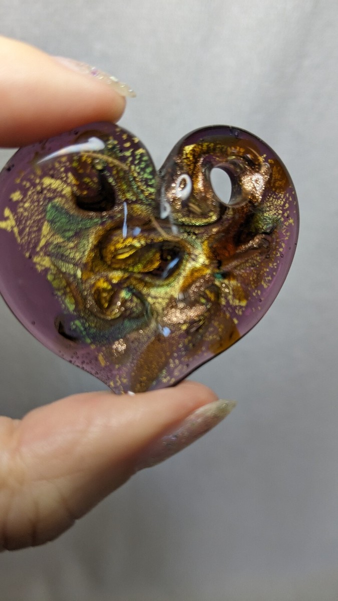 Murano Swirl Heart Glass Pendant, Purple And Gold View 2