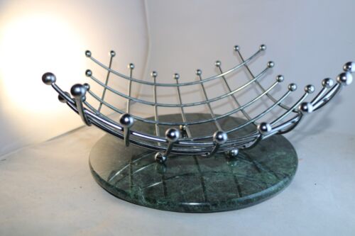 Vintage MCM Metal Fruit Bowl Chrome Silver Ball Feet Atomic Grid Curve 12" x 12" - Picture 4 of 9