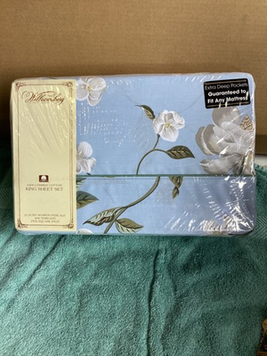 #ad Crown Crafts King Sheet Set Williamsburg Periwinkle Garden pattern 100% cotton $85.00