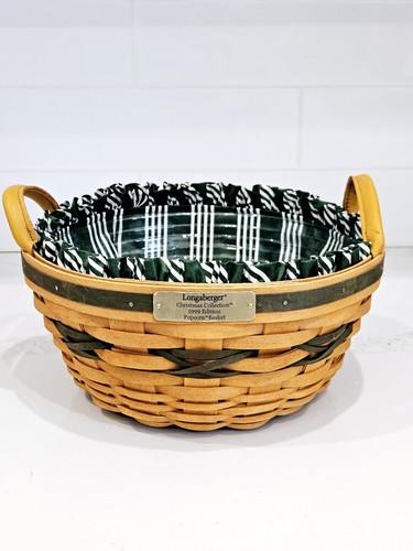 Longaberger 1999 Christmas Collection Popcorn Basket w/Protector & Liner Green - Picture 2 of 7