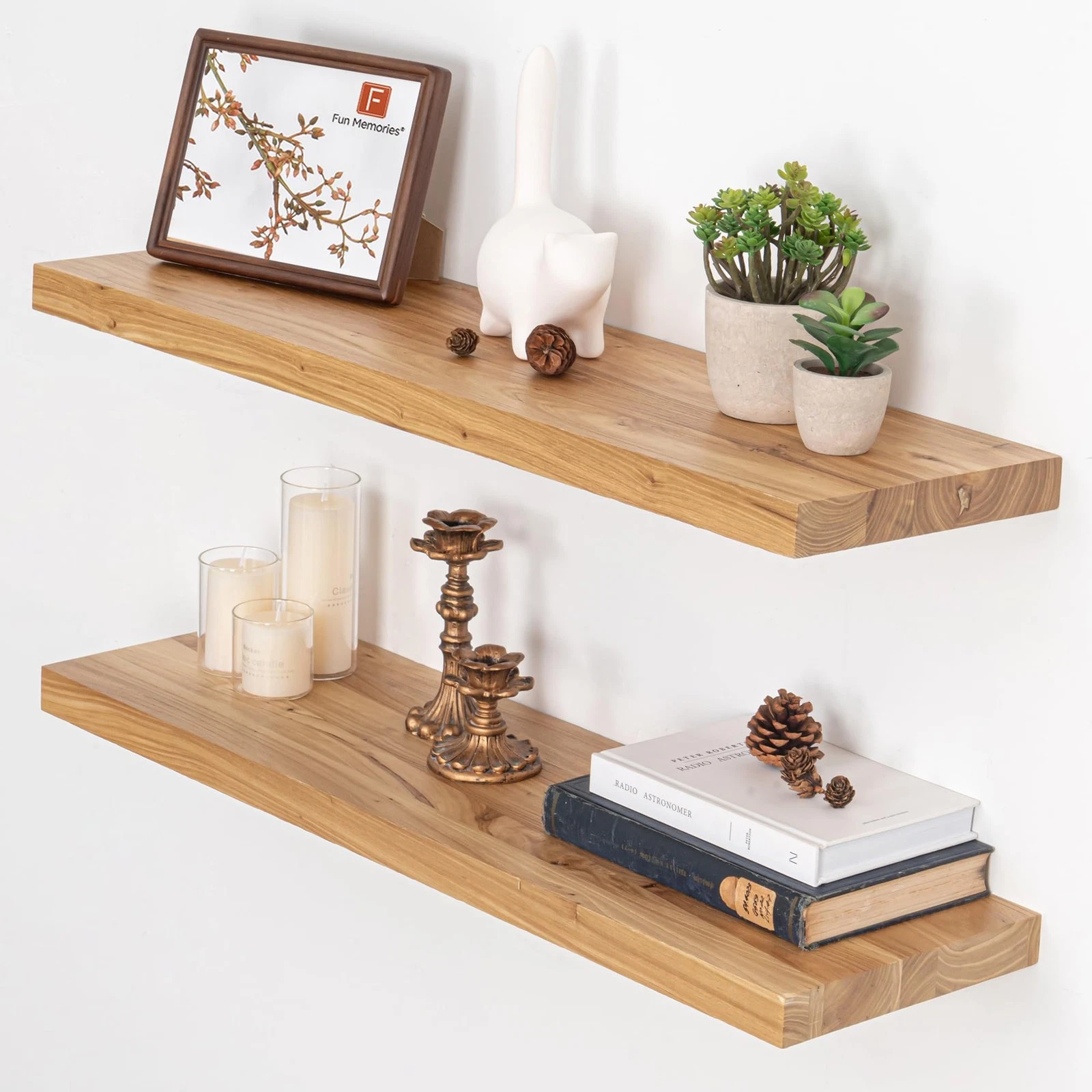 Fun Memories Floating Shelves For Wall 32W X 9.3D X 1.5H Rustic Solid Elm Wood