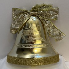Large Gold Plastic Hanging Christmas Bell Decor, Glittery NEW with bow tinsel
