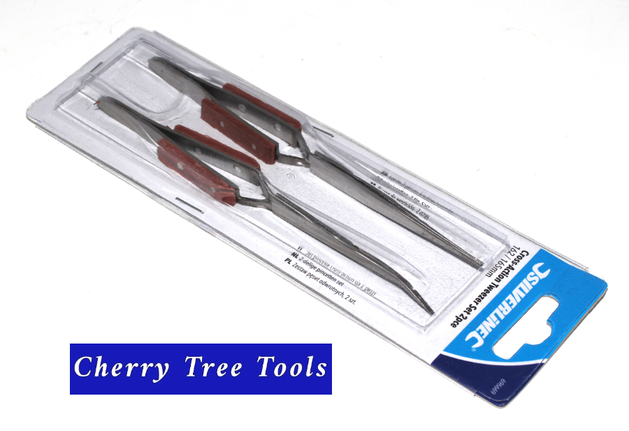 Silverline 2 Piece Craft Tweezers Set Straight & Bent Precision Tips