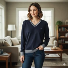 Animo Solima Women's Sweater. Dark Blue/Contrasting Trim. Size US XL. Pre-Owned 