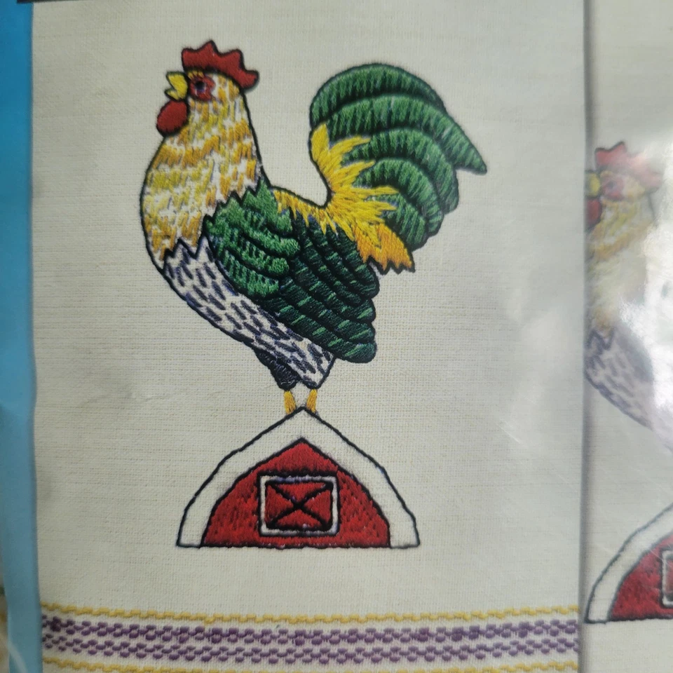 Vtg Tobin Stamped For Stitch Work 2 Pc Set ROOSTER Kitchen Towels All Cotton NIP - Image 2 of 4