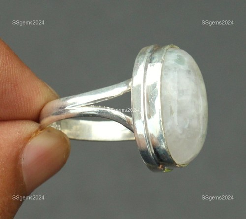 Sterling Silver Oval Natural Rainbow Moonstone Band Statement Ring Jewelry US 8 - Picture 5 of 8