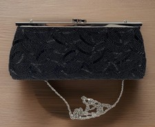 Vintage Black Beaded Rhinestone Clutch Purse Handbag Silver Clasp Chain LOVELY