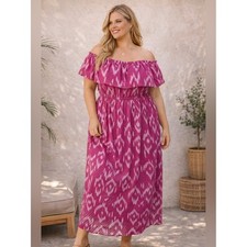Lane Bryant 18/20 Pink Ikat Off Shoulder Maxi Dress Ruffle Boho Plus pockets