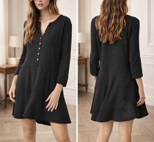 Free People Blossom Black Ribbed Button Front Boho Long Sleeve Mini Dress M
