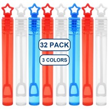 32 Pack Mini Star Bubble Wands for Kids Party Favors, Assorted Red, White Blue