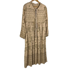 R. Vivimos Boho Prairie Midi Dress V Neck Tassels Long Puff Sleeves Khaki